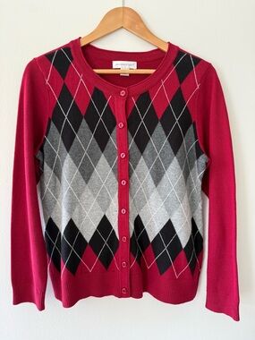 Christopher & Banks Red Argyle Cardigan Sweater Preppy Dark Academia Size M